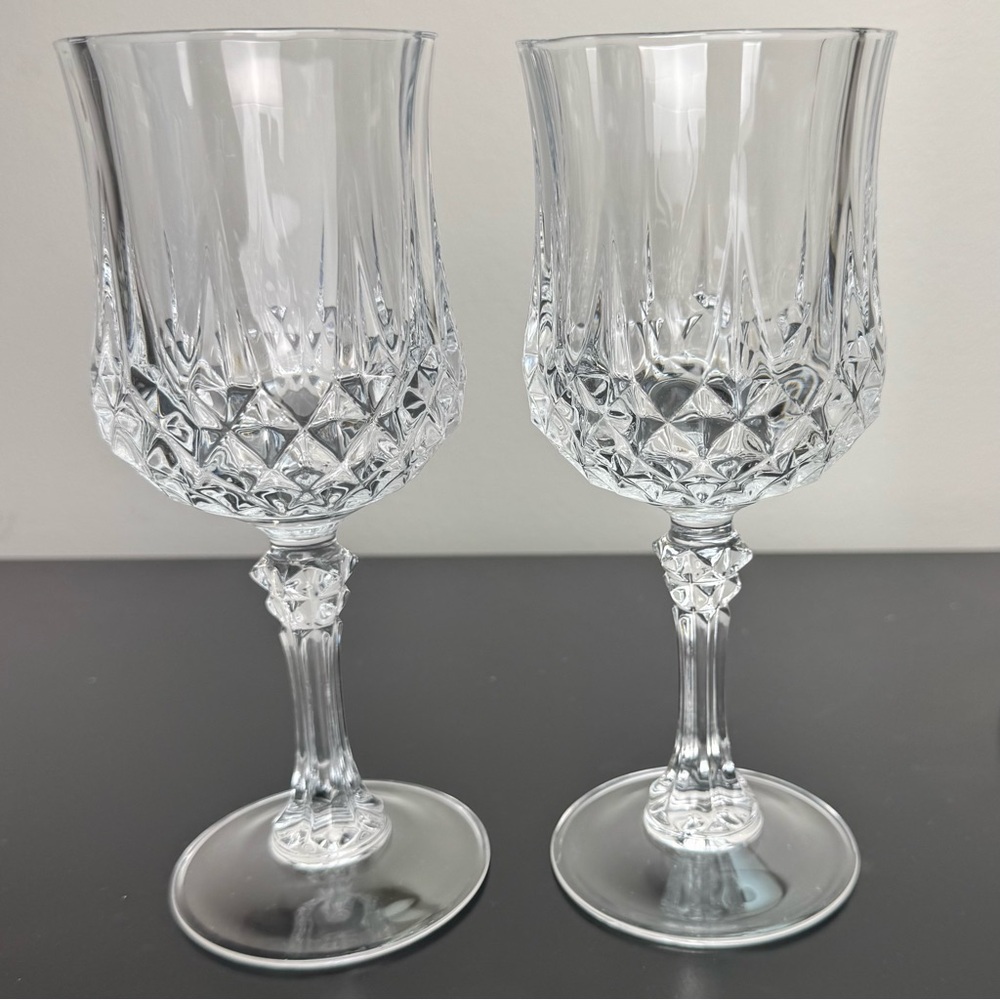 Crystal Glass Blown (set of. 2x) Water Goblets-Cut Vertical & Criss-Cross Design